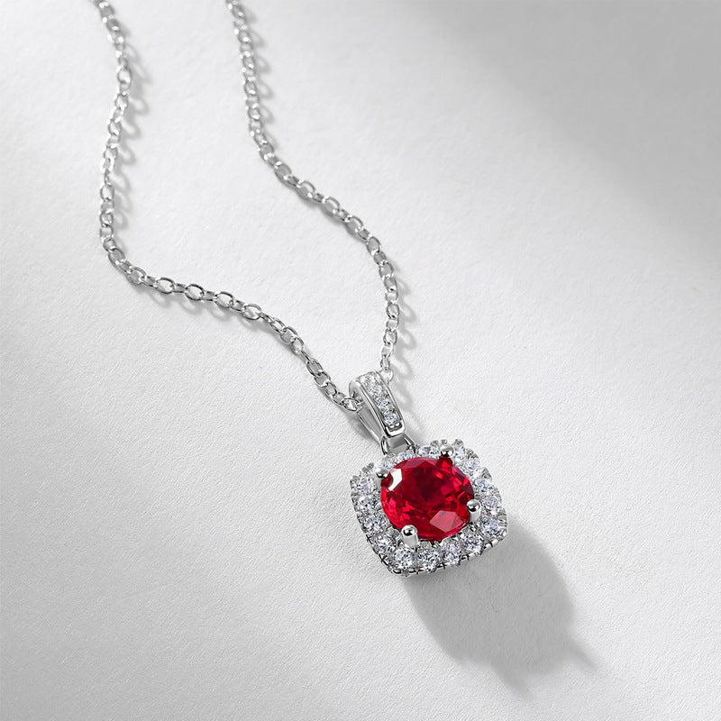 Classic Cushion Halo  With Red Lab Created Ruby Round Center Stone 925 Sterling Silver Pendant Necklace