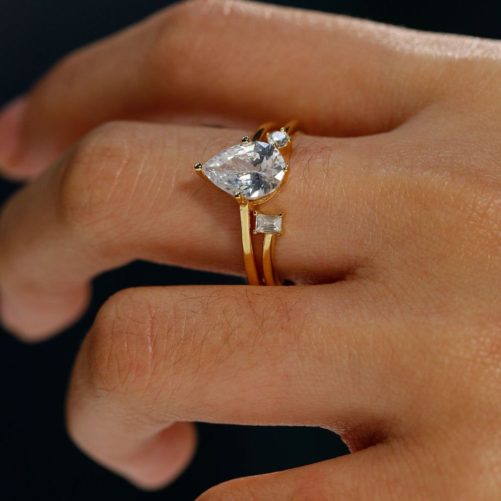 Pear Shape Moissanite Stack  Set 925 Sterling Silver Double Band Ring