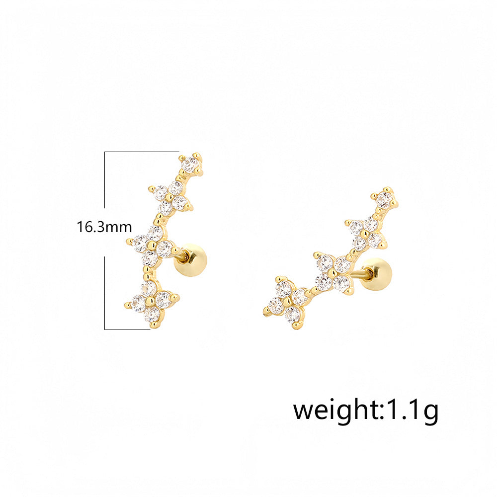 Cubic Zirconia Four Leaf Clover 925 Sterling Silver Flower Climber Ear Studs