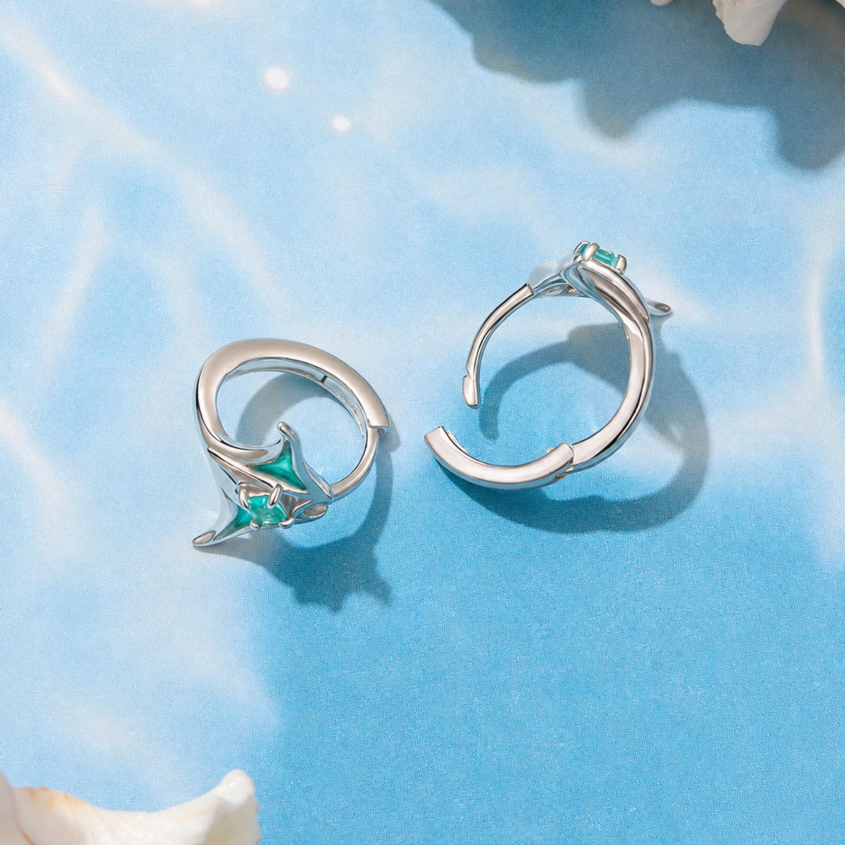 Manta Ray-Shaped Cubic Zirconia Green Epoxy Resin 925 Sterling Silver Hoop Earrings