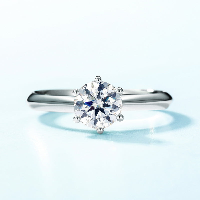 Classic Round Moissanite Six Prong Solitaire  925 Sterling Silver Closed Band Ring