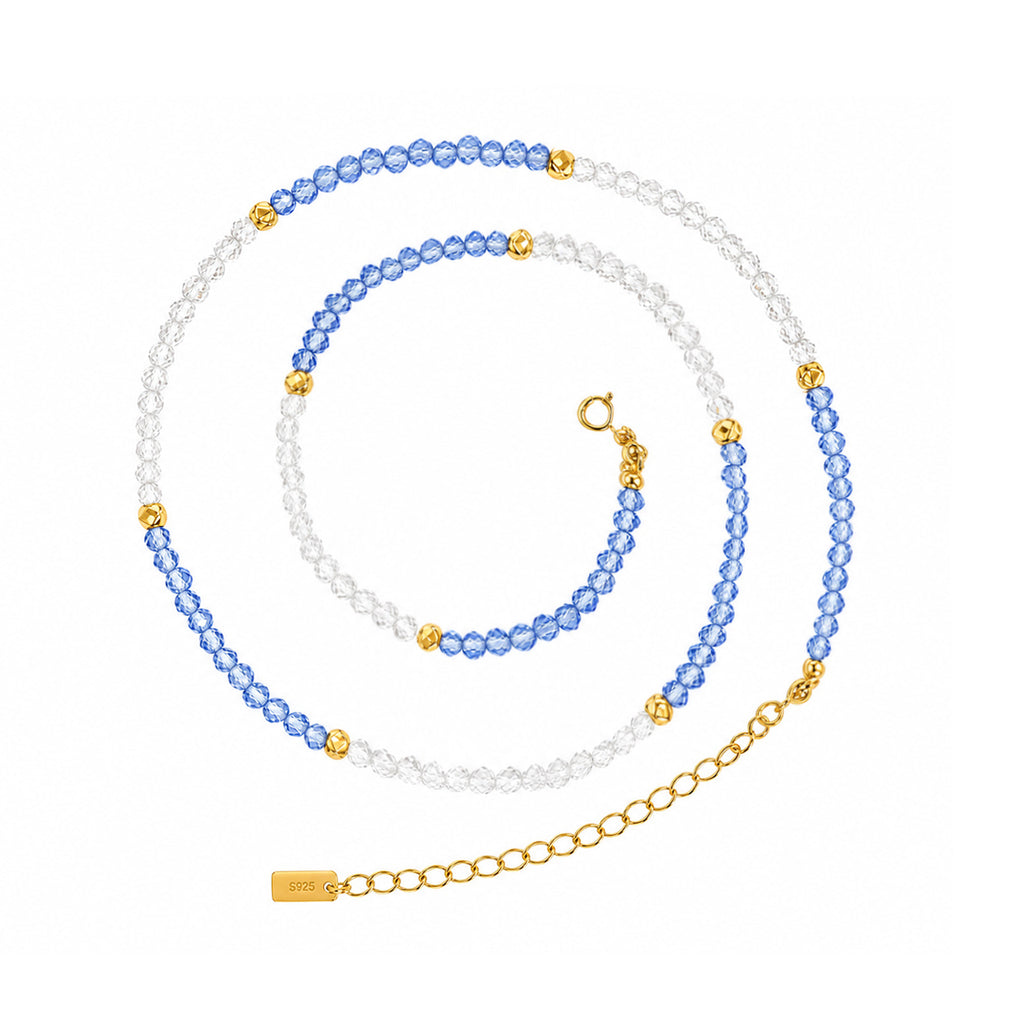 Minimalist Two-Tone Blue Clear Faceted Gemstone Gold Beaded Adjustable Ladies Fine Jewelry 925 Sterling Silver Necklace