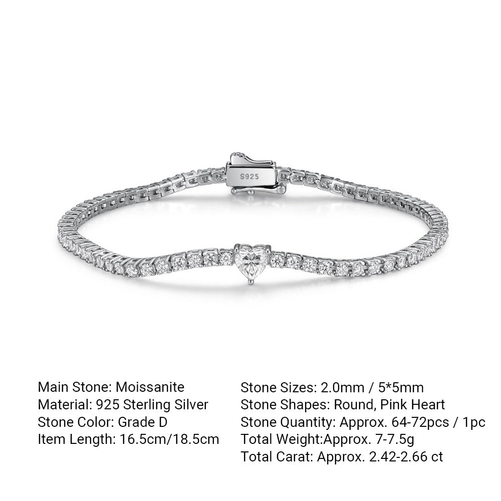 Mossanite Heart Shaped Centre Stone Design 925 Sterling Silver Bracelet