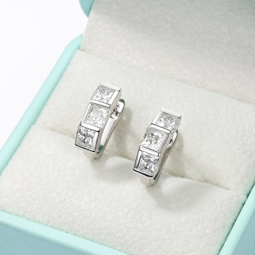 Mossanite Square Stone with Three Small Circles 925 Sterling Silver Earrings