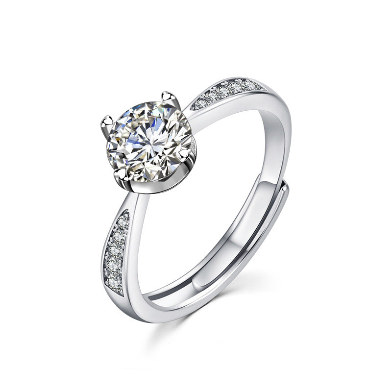 Wedding Classic Four Claw Round Moissanite CZ 25 Sterling Silver Adjustable Ring
