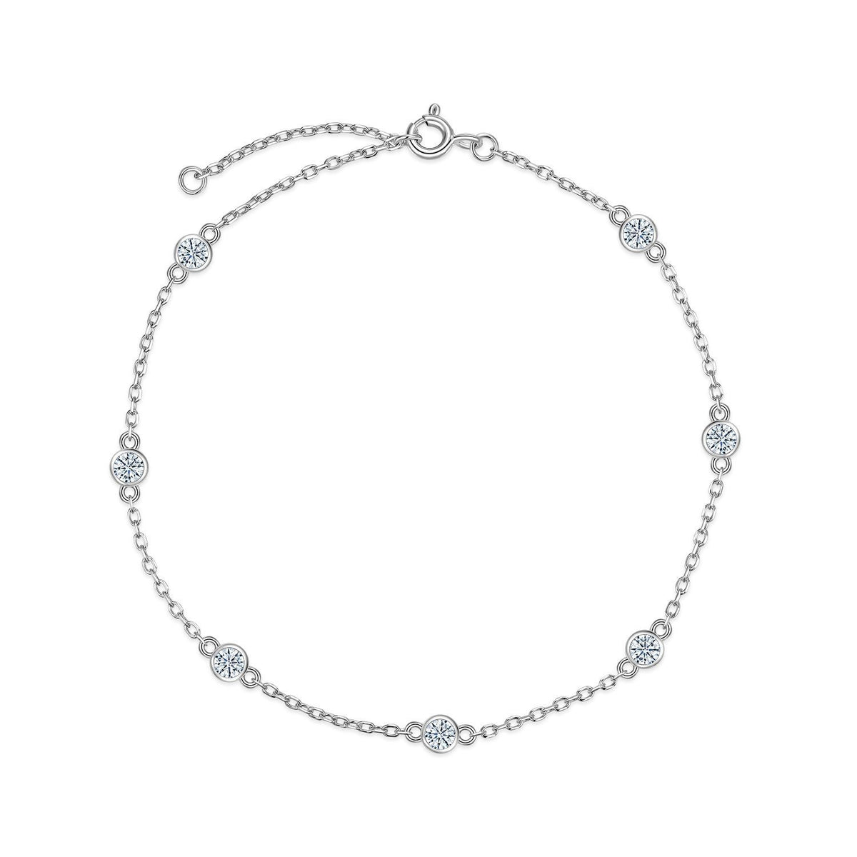Round Bezel Set Moissanite Silver Chain 925 Sterling Silver Seven Stone Geometric Bracelet