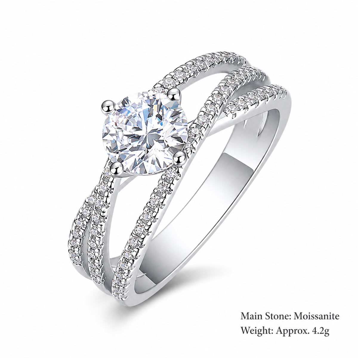 Round Brilliant Moissanite Split Shank Crossover Line Pave Band 925 Sterling Silver Ring for Women Fashion Elegant Proposal Wedding Anniversary Party Gift Jewelry
