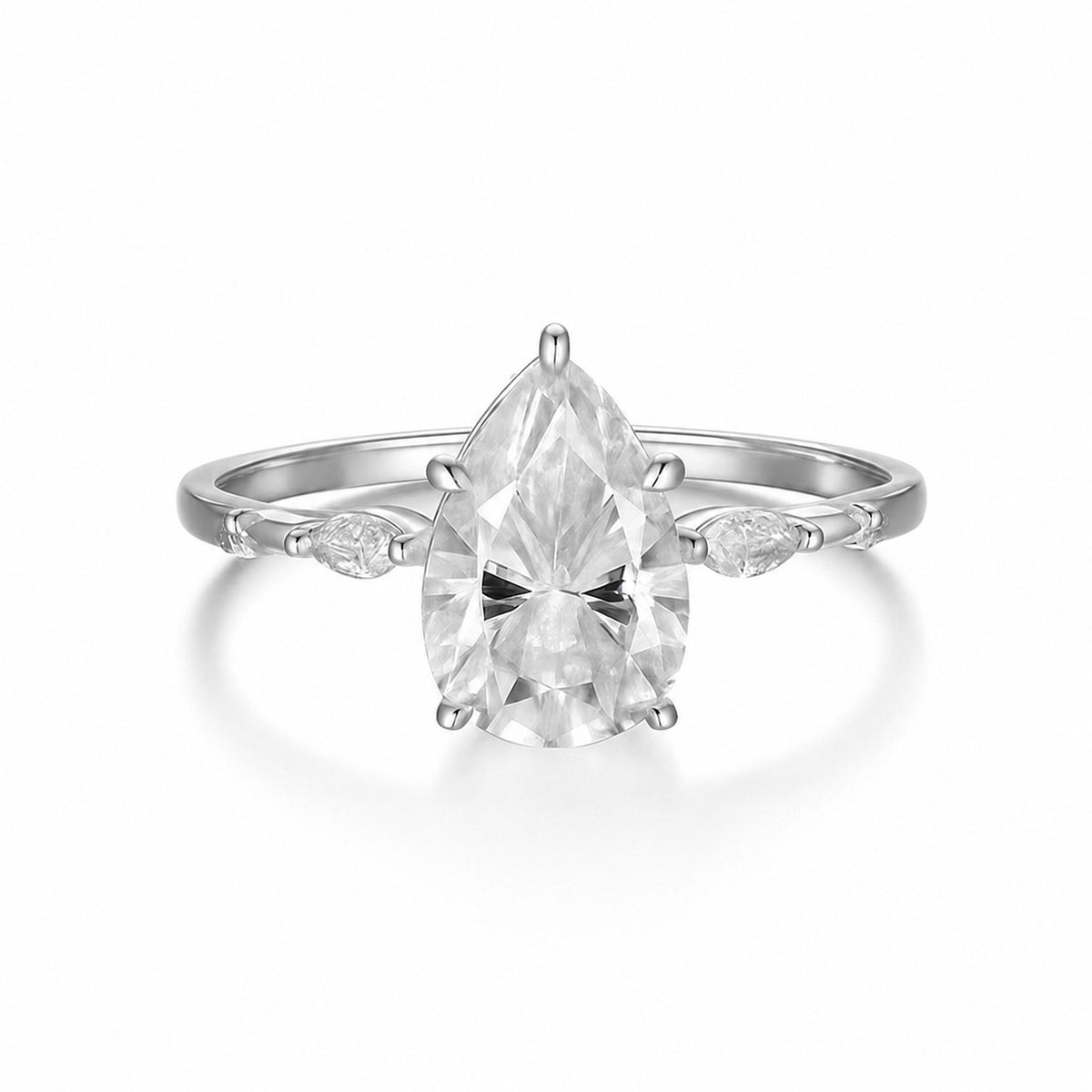 Moissanite Pear Cut Geometric Ring 925 Sterling Silver Slim Band with Marquise Side Stones and Round Accent Stones for Women Elegant Fashion Minimalist Statement Ring