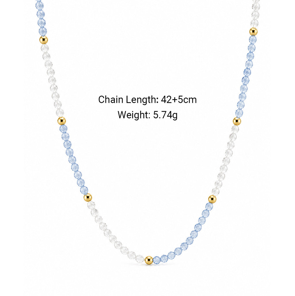 Minimalist Two-Tone Blue Clear Faceted Gemstone Gold Beaded Adjustable Ladies Fine Jewelry 925 Sterling Silver Necklace
