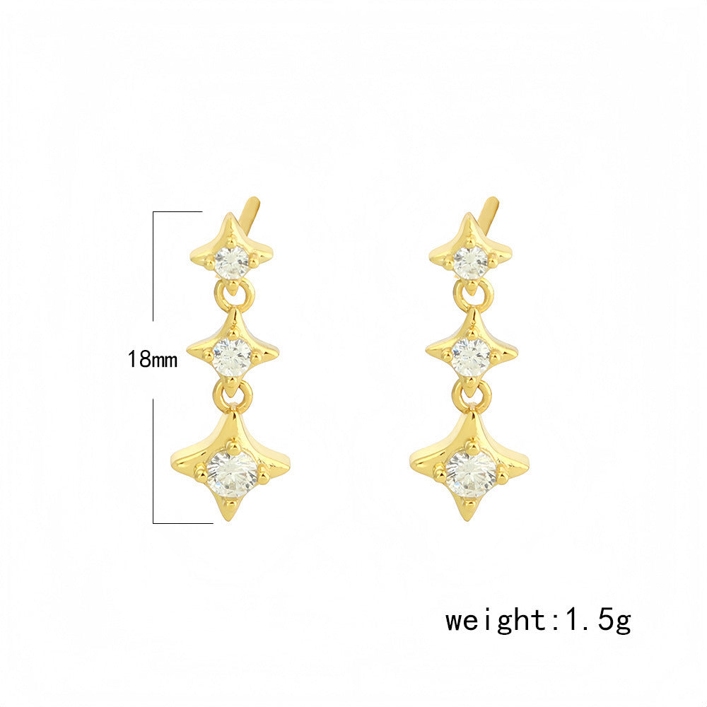 Elegant Geometric Triple Four Point Star Cubic Zirconia S925 Silver Drop Earrings