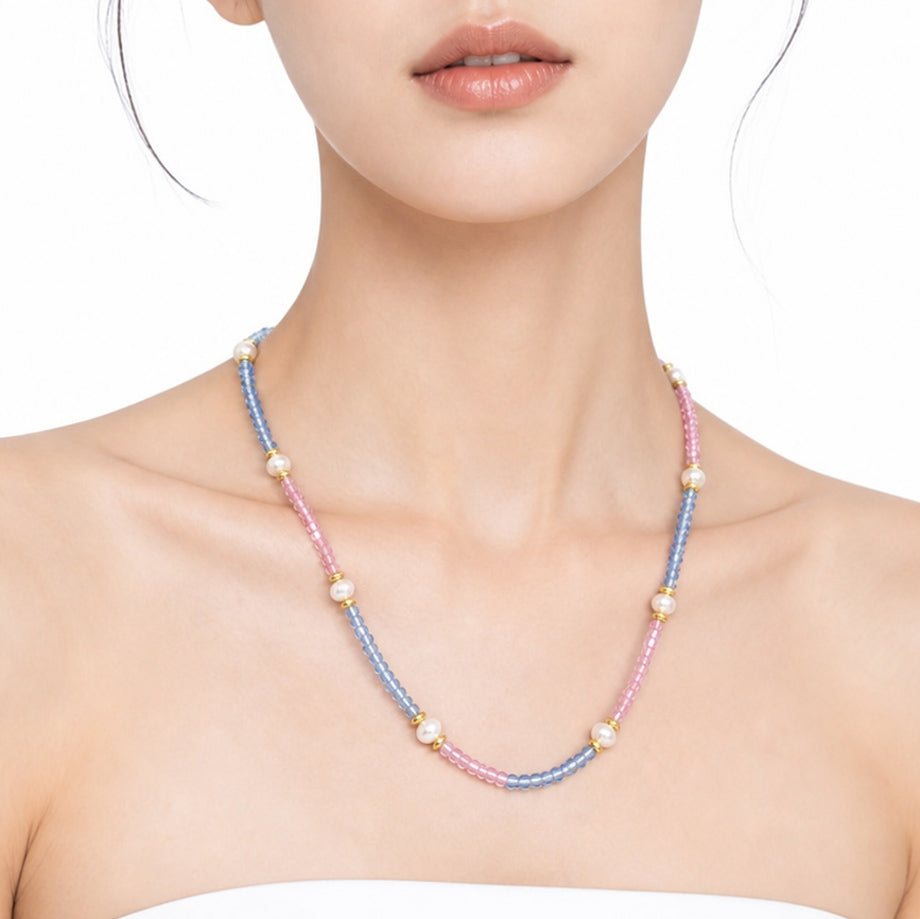 Pink Blue Cubic Zirconia Topaz Pearl Beaded Strand Hypoallergenic Fashion Jewellery Gift 925 Sterling Silver Necklace