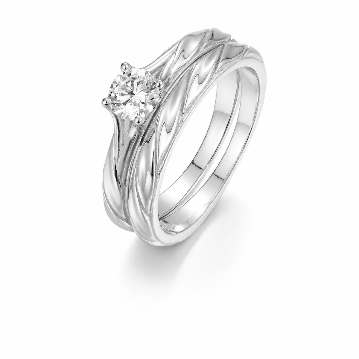 Round Brilliant Moissanite Couple  Set Twisted Carved Band 925 Sterling Silver Ring