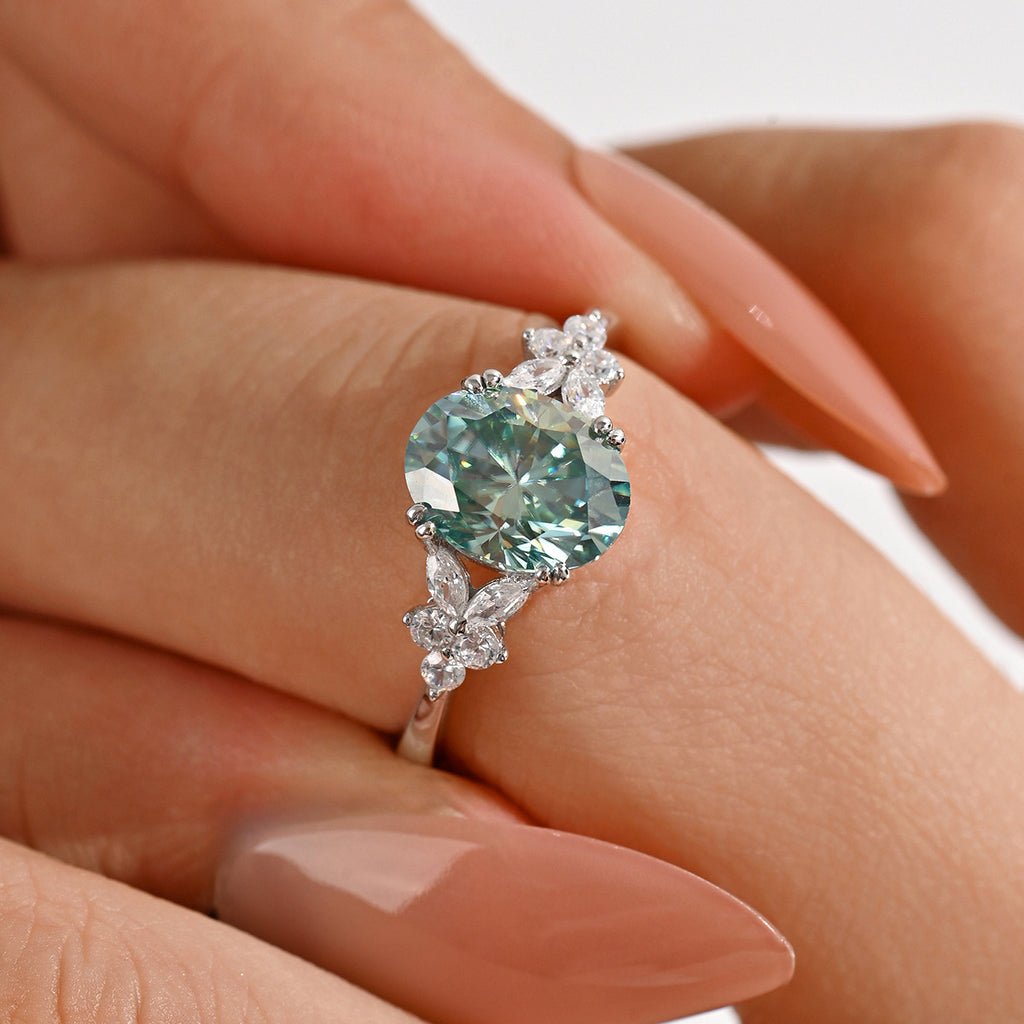 Oval Blue Green Moissanite  925 Sterling Silver Floral Side Stone Cluster Ring