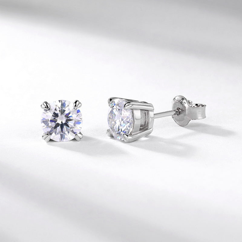 Round Cut D Color  Moissanite  Four Prong 925 Sterling Silver Minimalist Geometric Ear Stud Earrings