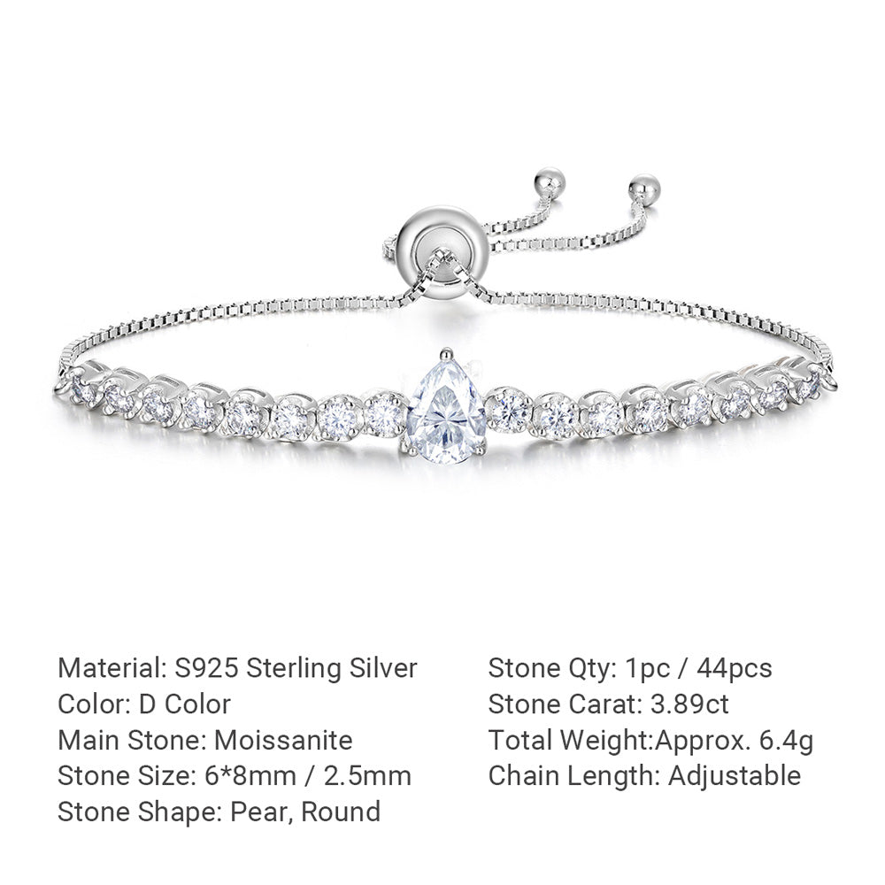 White Moissanite Geometric Princess Cut Square Center Stone Tennis Bracelet  925 Sterling Silver Adjustable Slider Chain Bracelet