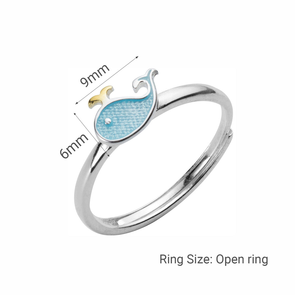 Cute Blue Enamel Whale Mini Delicate Ring In S925 Sterling Silver Adjustable Open Ring