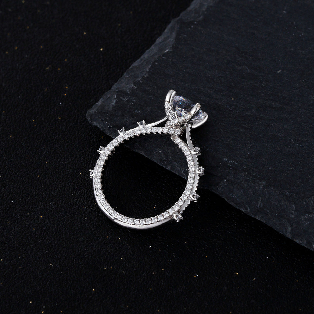 Round Brilliant Cut High Carbon Stone Center Stone Micro 925 Sterling Silver Ring