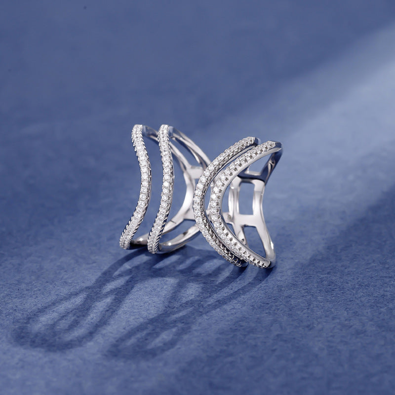 925 Sterling Silver Pave Setting Cubic Zirconia Double Criss Cross Open Band Ring