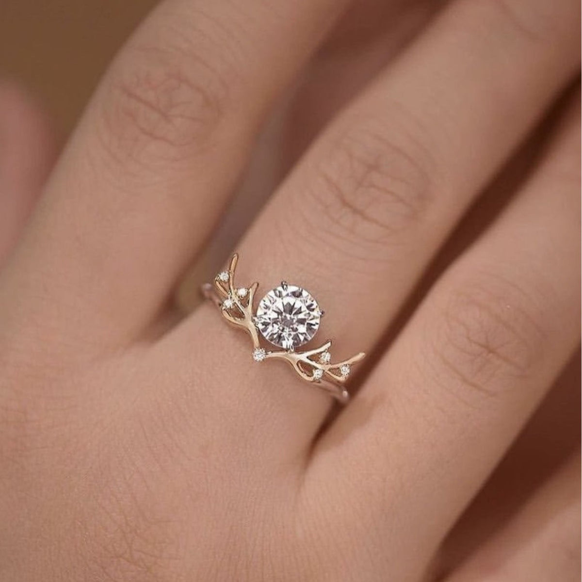 Moissanite Vine Branch Leaf Round Solitaire S925 Sterling Silver Ring