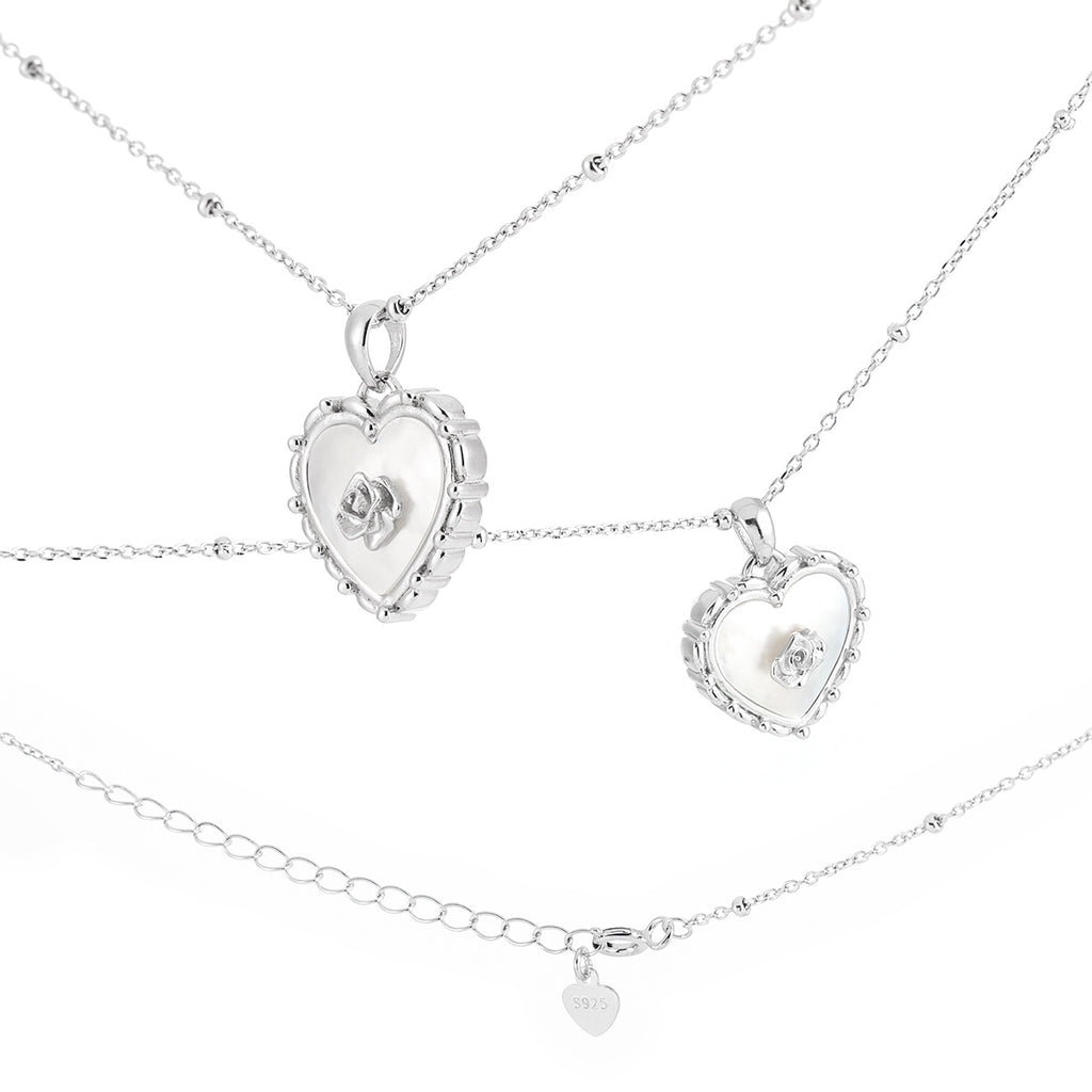 Heart Rose Natural Shell 925 Sterling Silver Pendant Necklace