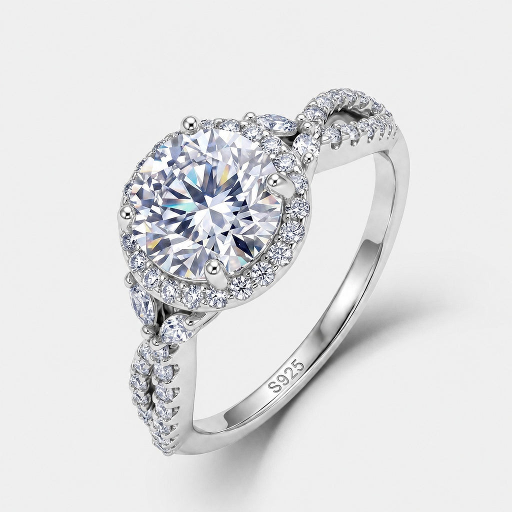 Round Halo Moissanite 925 Sterling Silver  With Marquise Ring