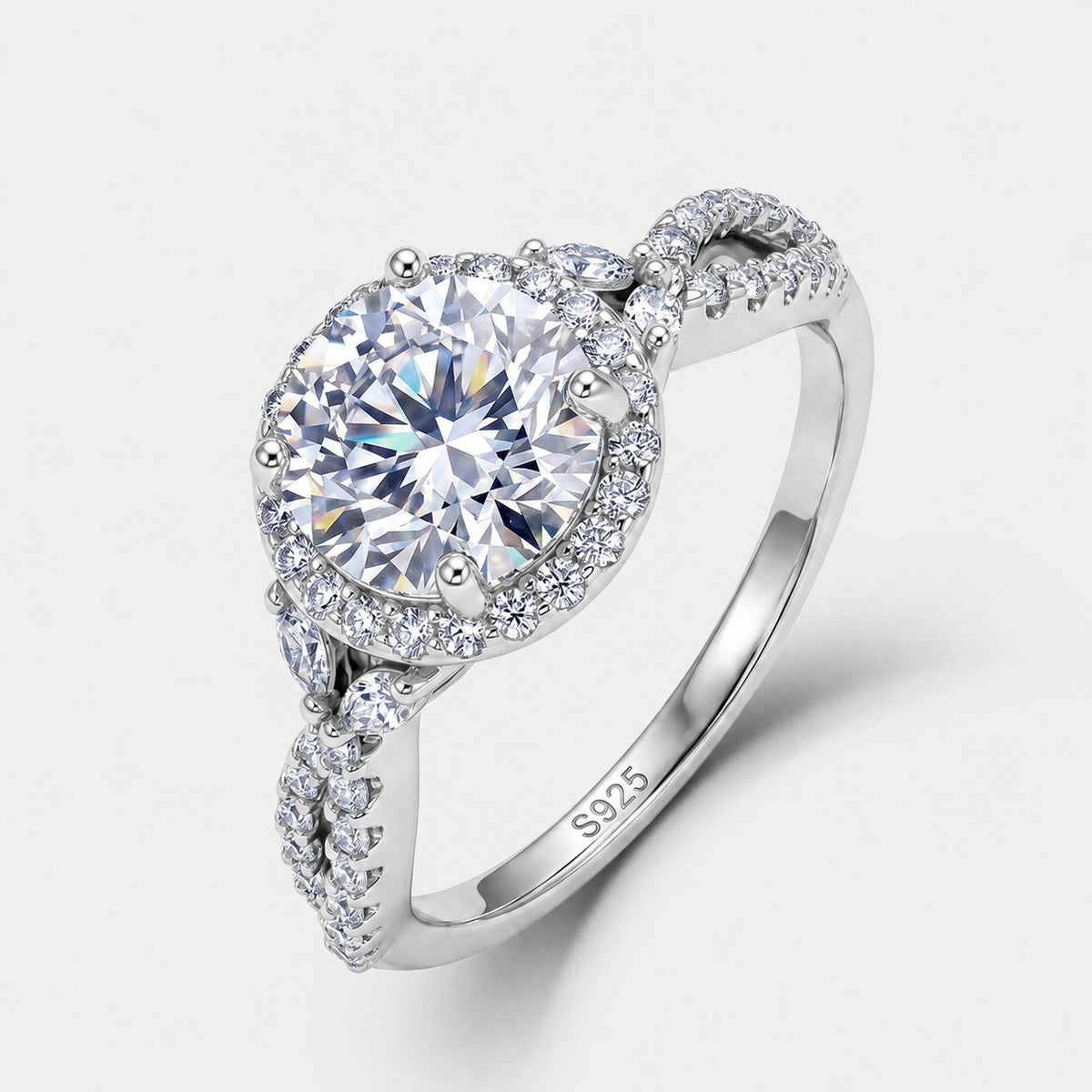Round Halo Moissanite 925 Sterling Silver  With Marquise Ring
