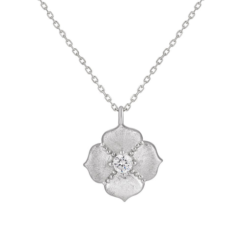 Cubic Zirconia Brushed Five Petal Flower 925 Sterling Silver Minimalist Collarbone Chain Necklace