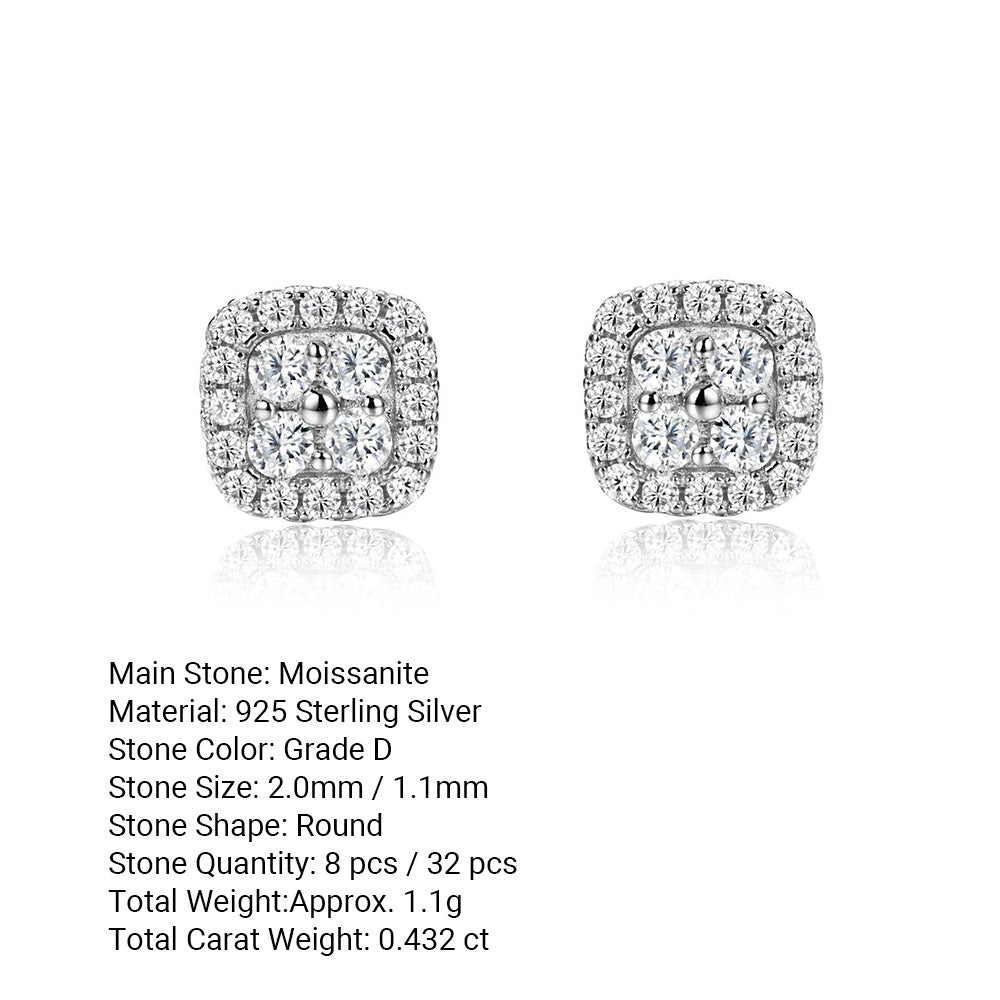 Mossanite Cushion-Cut Quadrifoliate Double Row Bezel Set 925 Sterling Silver Earrings
