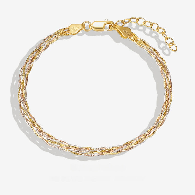 Italian Braided Elegant Bamboo Design Three Tone 925 Sterling Silver Bracelet