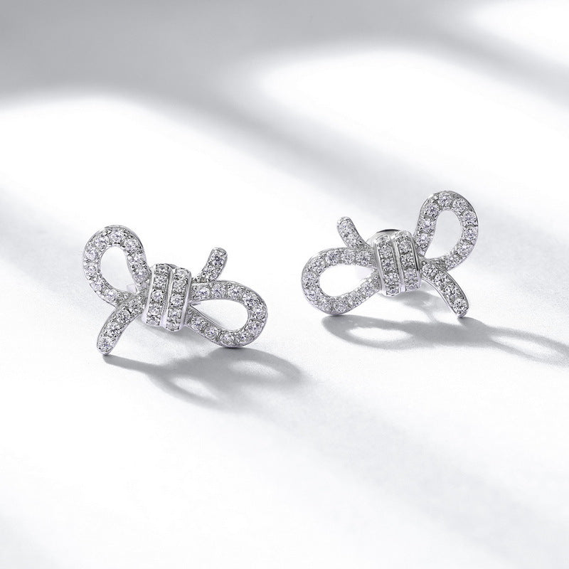 Bowknot Cubic Zirconia Ear  925 Sterling Silver Stud Earrings