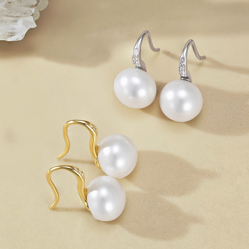 Natural Freshwater Pearl And Clear Cubic Zirconia Curved  925 Sterling Silver Hook Drop Earrings