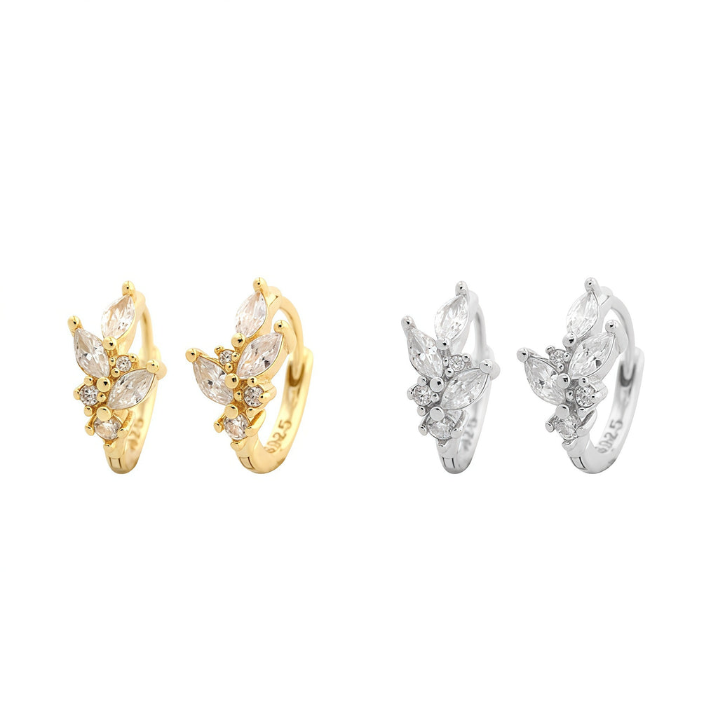 Cubic Zirconia Leaf Cluster 925 Sterling Silver Huggie Hoop Earrings