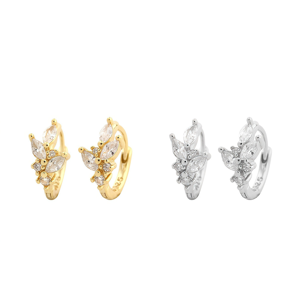 Cubic Zirconia Leaf Cluster 925 Sterling Silver Huggie Hoop Earrings