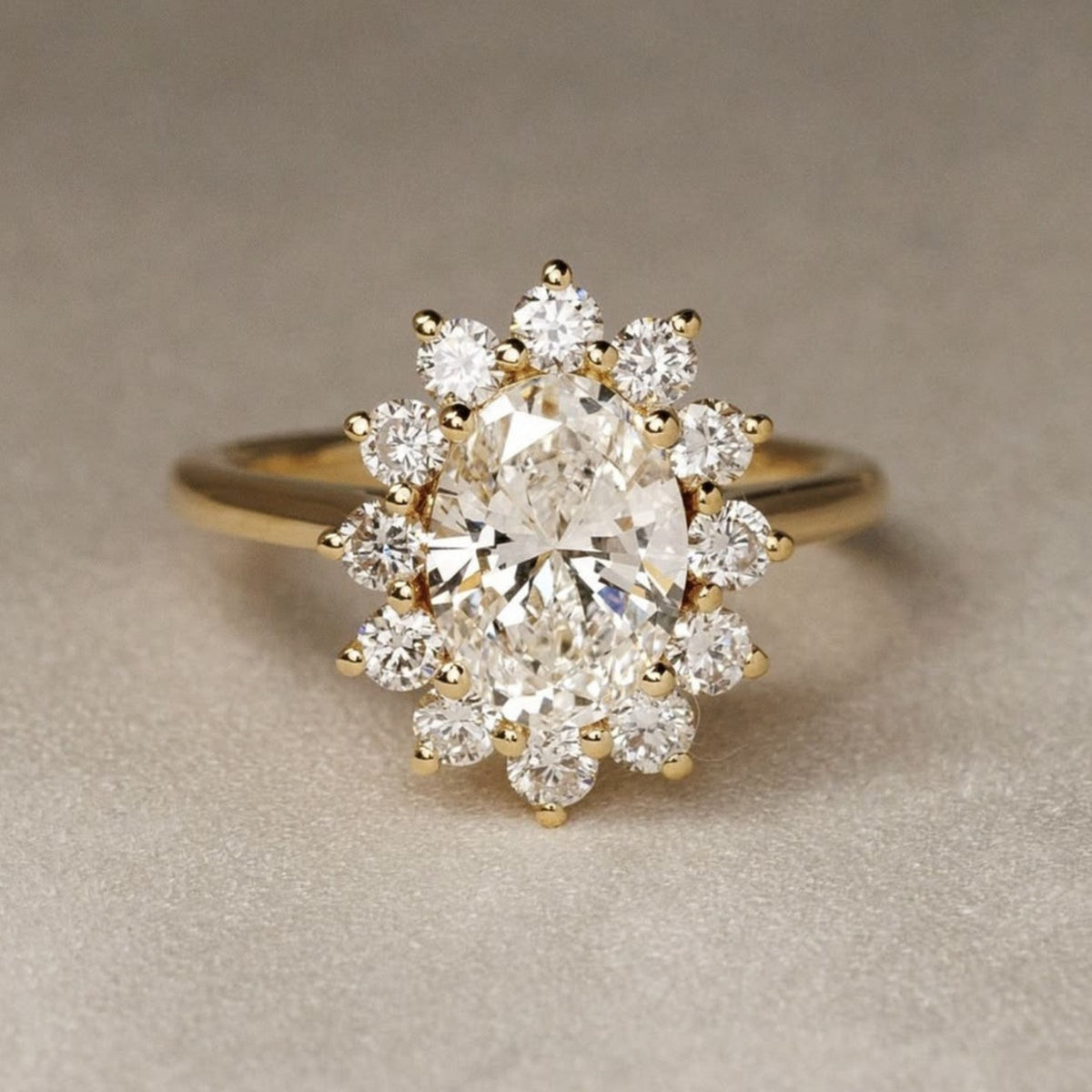 Oval Sunflower Halo Moissanite Ring 925 Sterling Silver Ring