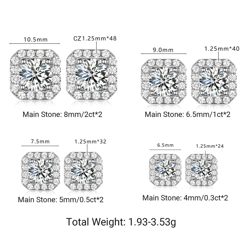 Square Halo Moissanite Stud Earrings  925 Sterling Silver Geometric Ear Stud Earrings