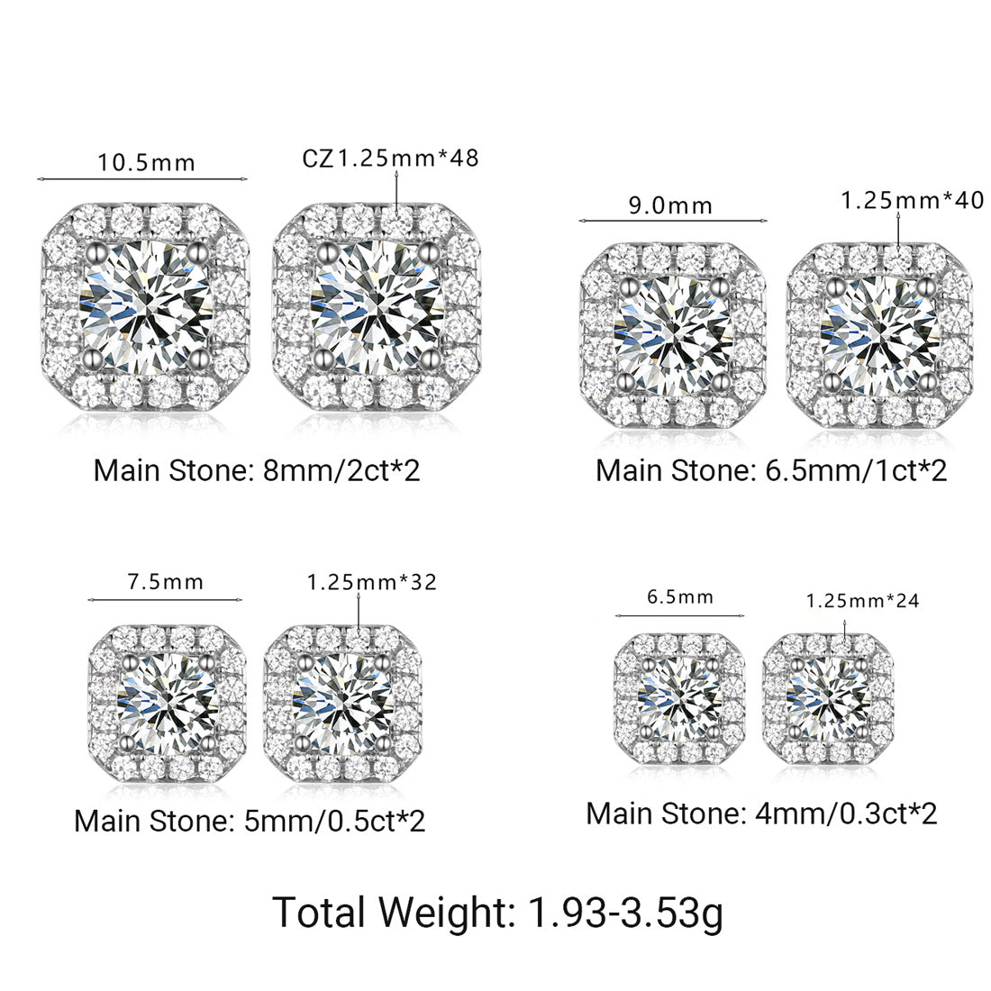 Square Halo Moissanite Stud Earrings  925 Sterling Silver Geometric Ear Stud Earrings