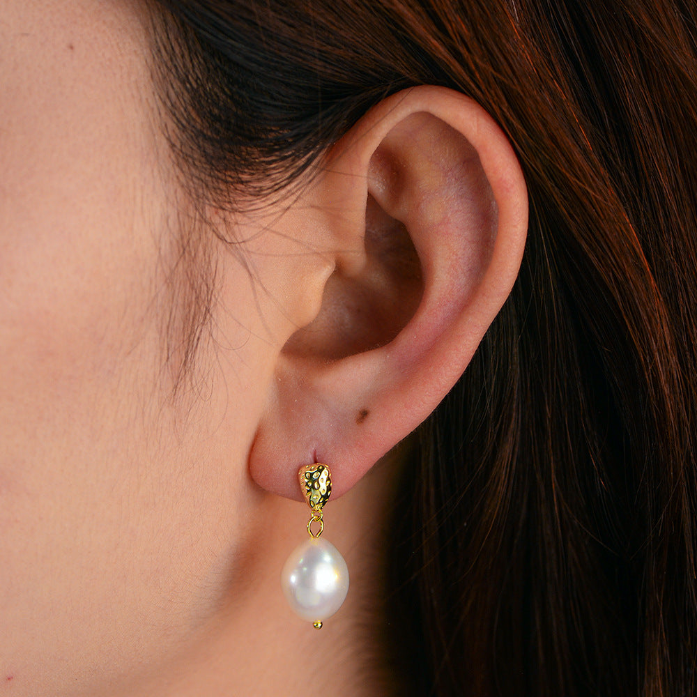 Natural White Baroque Pearl Textured Geometric 925 Sterling Silver Drop Stud Earrings