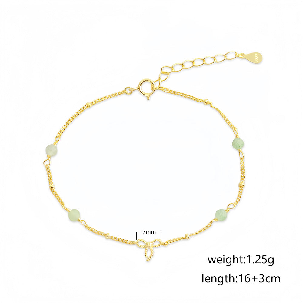 Bowknot Green Aventurine Natural Stone 925 Sterling Silver Chain Bracelet