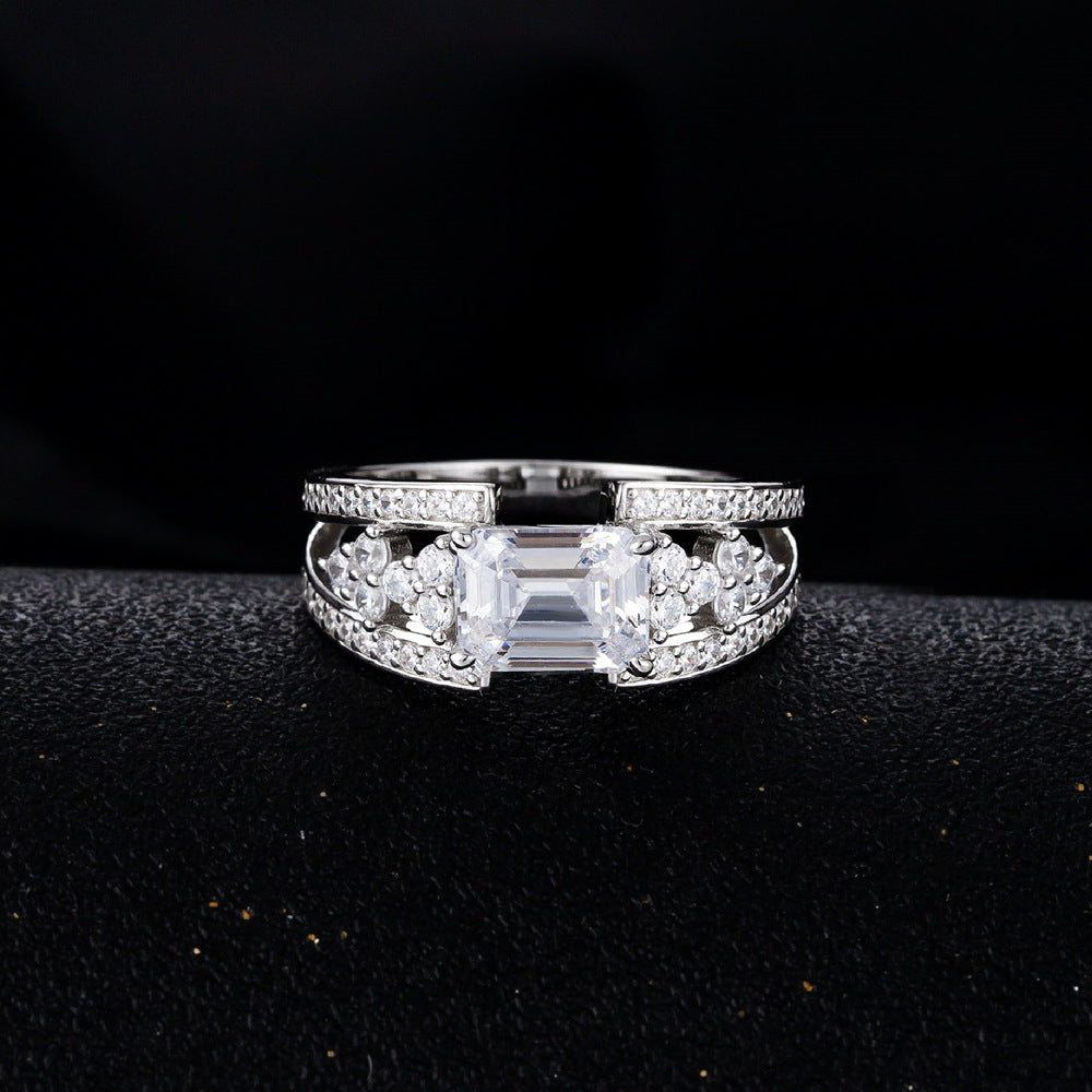 White Emerald Cut High Carbon Cubic Zirconia Geometric Double Band Side Cluster 925 Sterling Silver Ring