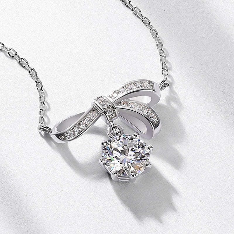Bowknot Ribbon 925 Silver Moissanite Pendant With Round Dangle Center Stone Necklace