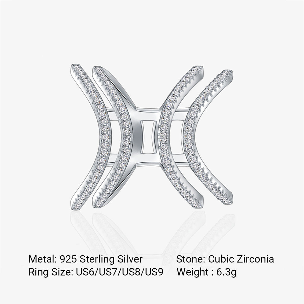 925 Sterling Silver Pave Setting Cubic Zirconia Double Criss Cross Open Band Ring