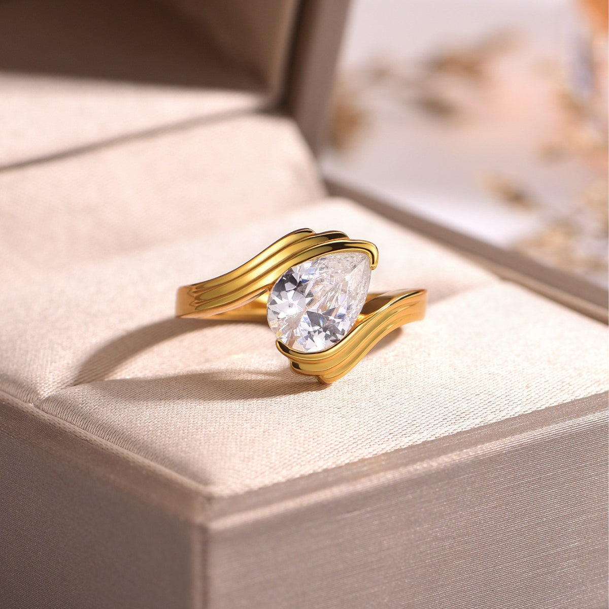 D Color Moissanite Pear Cut Wave Curve Design 925 Sterling Silver Geometric  Elegant Statement Ring