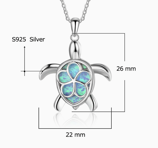 Blue-Green Opal Sea Turtle Pendant Necklace  925 Sterling Silver Animal Necklace