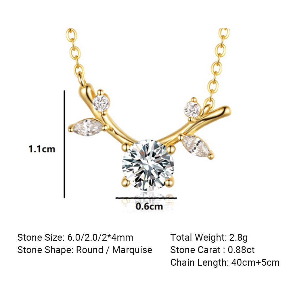 Moissanite Antler Branch Leaf Pendant 925 Sterling Silver Necklace