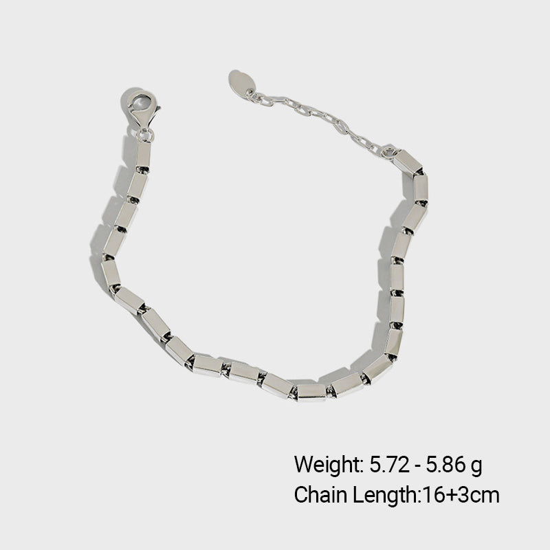 Vintage Silver Geometric Block Link Chain S925 Sterling Silver Adjustable Bracelet
