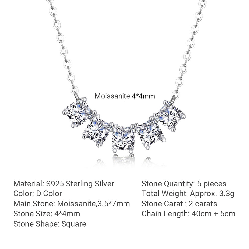 White Moissanite Geometric Five Stone Fan Curve 925 Sterling Silver Necklace