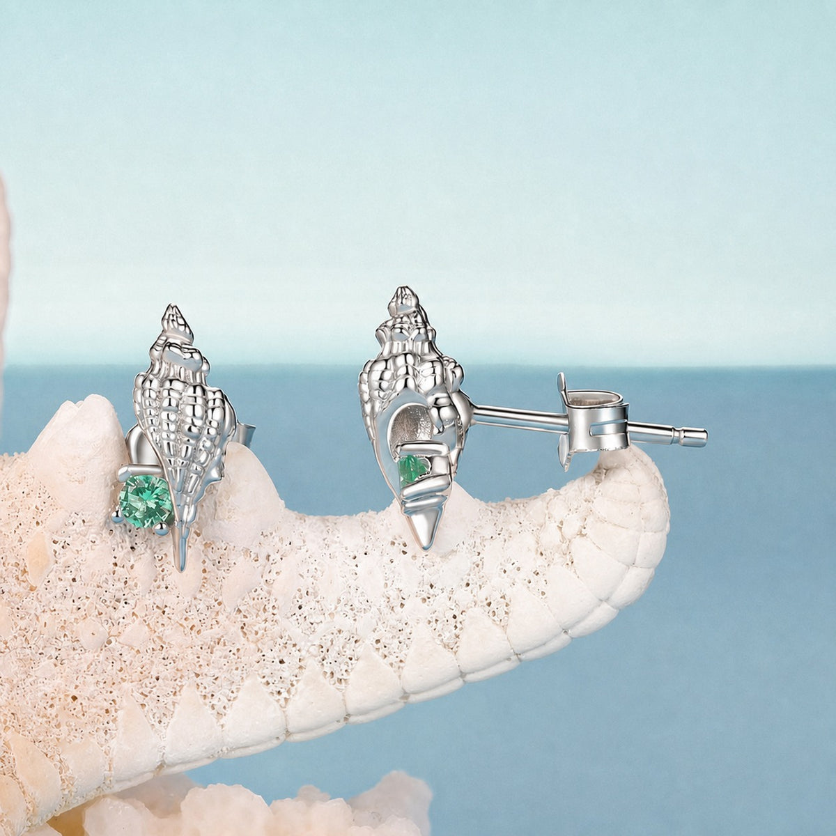 Ocean Summer Vacation Conch Shell 925 Sterling Silver Plated Stud Earrings