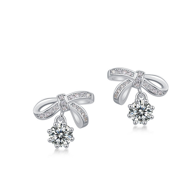 Bow Knot Moissanite Earrings Vintage Fashion 925 Sterling Silver Stud Drop Earrings