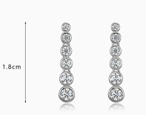 Moissanite Graduated Six Round Bezel Set Drop Earrings White Gold Tone 925 Sterling Silver Geometric Long Dangle Earrings For Women Elegant Fashion Party Wedding Gift Jewelry