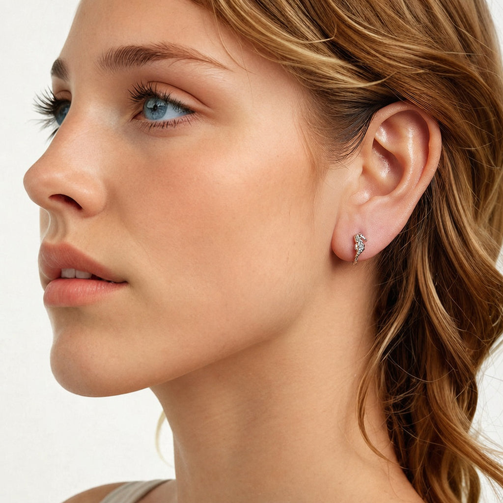 925 Sterling Silver with Cubic Zirconia and Blue-Green Glass Seahorse Hoop Earrings